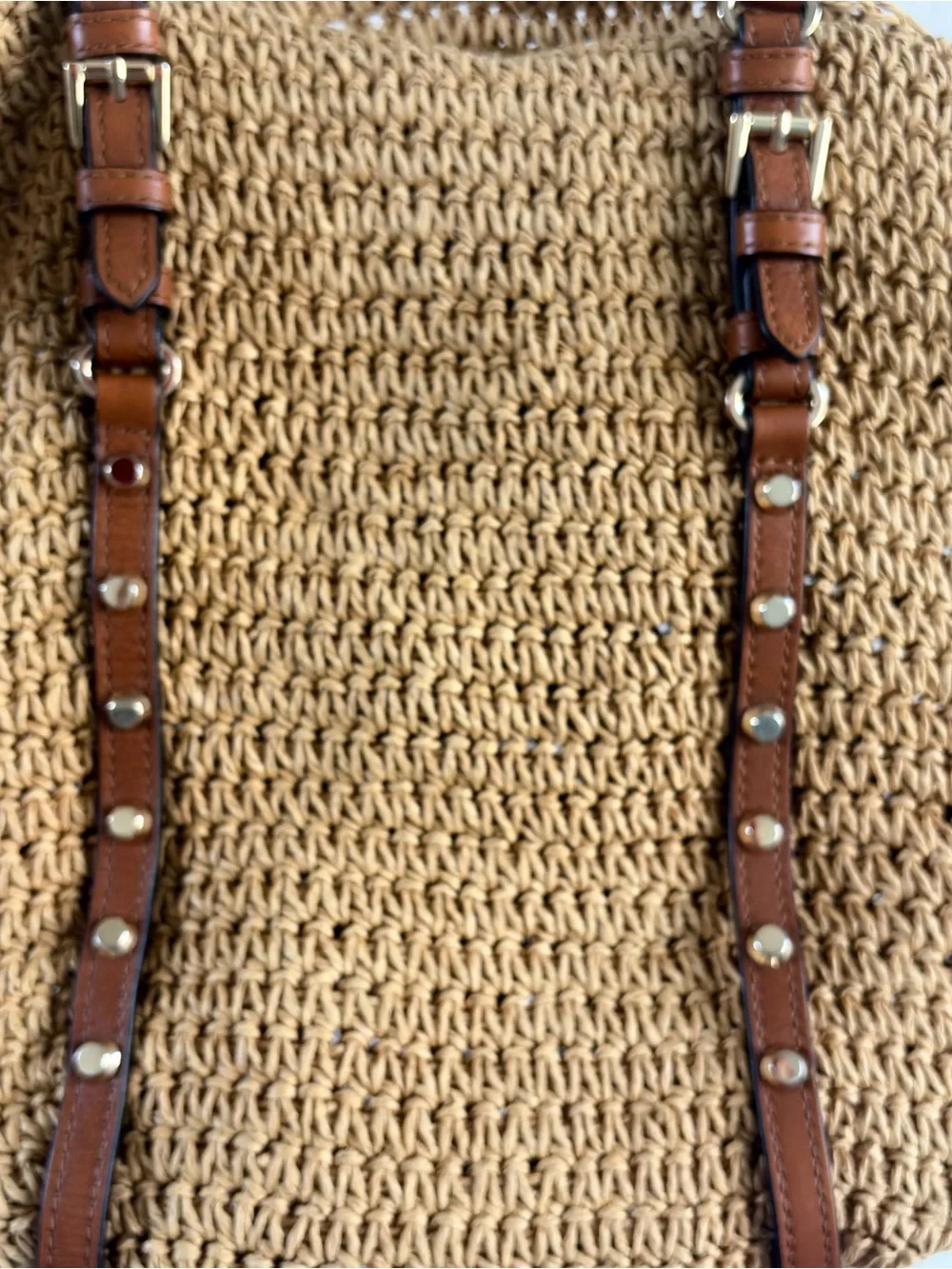Michael Kors Santorini Studded Woven/Straw Tote w/Brown Leather Straps Like New - Picture 2 of 12
